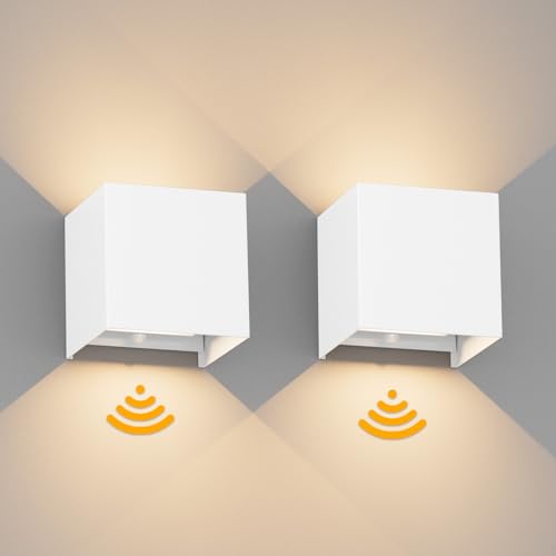 CoinmitModern LED Motion Sensor Battery Wall Light Fixtures, 2 Pack 36W LED Porch Lights, Rechargeable White Wall Sconce for Indoor House Porch Garage Hallway Patio