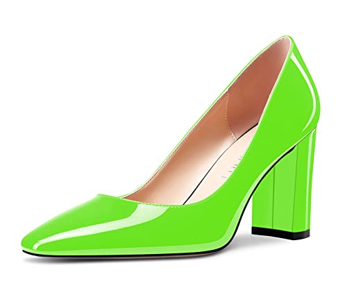 NobleOnly Women High Chunky Block Heel Square Close Toe Slip-on Pumps Classic Cute Dress Shoes 3.3 Inches Heels