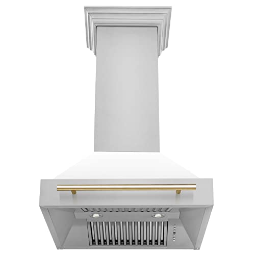 30" Zline Autograph Edition Stainless Steel Range Hood With White Matte Shell And Gold Handle #TOP3