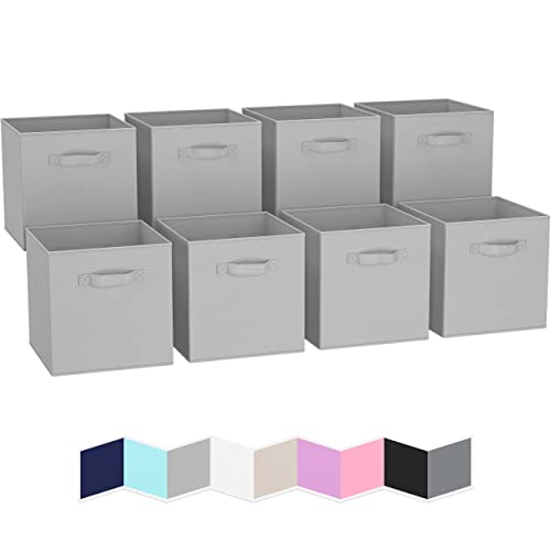 Royexe Storage Cubes - 11 Inch Cube Storage Bins (Set of 8). Fabric Cubby Organizer Baskets with Dual Handles | Foldable Closet Shelf Organization Boxes (Light Grey)