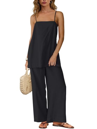Dokuritu Linen Sets for Women 2 Piece Summer Spaghetti Strap Top Wide Leg Pants Set Beach Vacation Travel Sets with Pockets