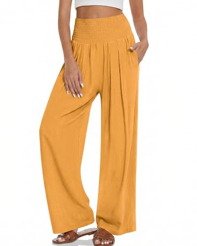 Makepid Women Wide Leg Casual Pants High Waist Palazzo Pants Summer Lounge Trousers with Pockets Yellow