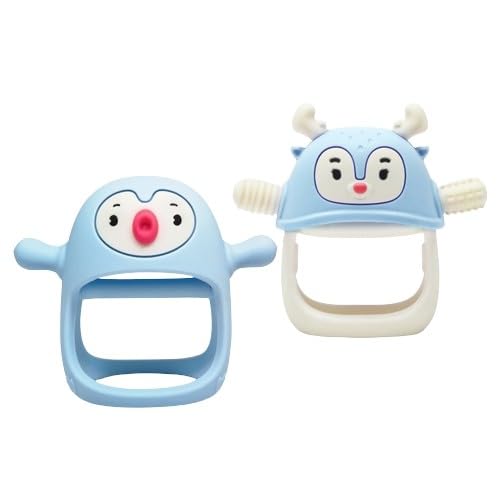 Image of Smily Mia Baby Teething Toys for 0-6Months, Baby Teether for 6-12Months, Never Drop Penguin and Reindeer Baby Gift Set, Perfect Baby Easter Basket Stuffers, Hand Pacifer+Hand Teether Set, Light Blue