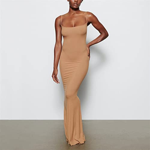 Soft Lounge Long Slip Dress - Women Sexy Bodycon Maxi Dress,Womens Sleeveless Long Nightgown Summer Slip Dress (Brown,L) #TOP2