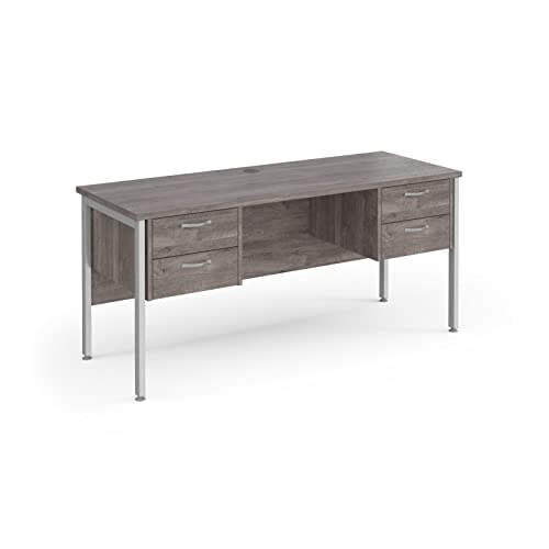 Mr Office Maestro 25 straight desk 600mm deep with two x 2 drawer pedestals - silver H-frame leg, 1600, Grey oak