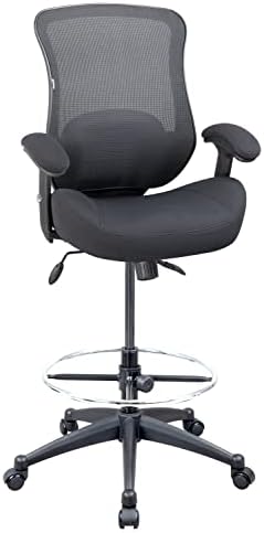 LONGBOSS Drafting Chair Mesh Computer Tall Office Chair, Standing Desk Stool with Lumbar Support Pillow, Height Adjustable Armrest and Adjustable Foot Ring (Black)