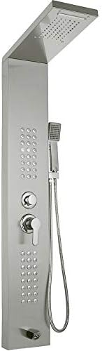Happybuy 5 in1 Shower Panel Tower System Brushed Silver Stainless Steel Multi-Function Shower Panel with Spout Rainfall Waterfall Massage Jets Tub Spout Hand Shower for Home Hotel Resort Split Type