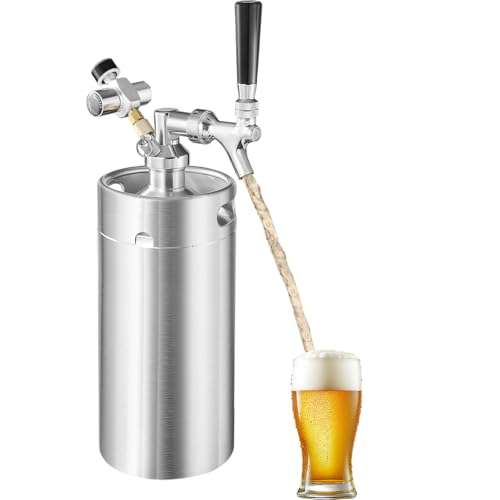 5 Litros (170 oz) Mini Barril Growler, Barril de Cerveza de Acero Inoxidable con Manómetro, Barril Growler Portátil con Juego Dispensador de Cerveza, para Elaboración Casera, Cervezas Artesanales