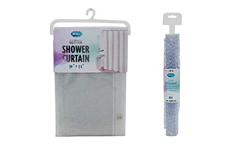 Home Collections Silver Glitter Shower Curtain and Bath Mat Set Durable Waterproof EVA 70" x 72" PVC Free Eco Friendly