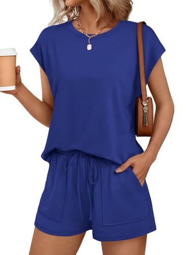 Image of AUTOMET Womens Crew Neck Two Piece Short Sets Cap Sleeve Drawstring Summer Sweatsuit with Pocket