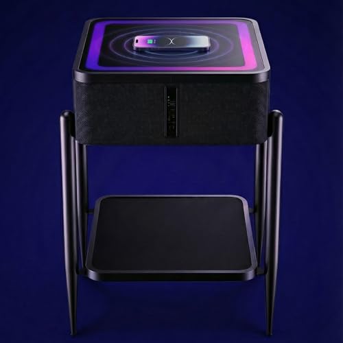 DMAITH Smart End Table with Charging Station Bluetooth Speaker Nightstand with Wireless Charging RGB LED Lights USB & Type-C Ports Rectangular Glass Top Side Table for Living Room Bedroom Black