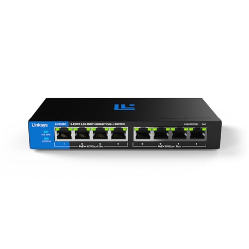 Switch PoE++ multigigabit Linksys no administrado de 8 Puertos y 2,5 G | Ethernet bajo Consumo | Control dúplex Completo | para WiFi 6/6E/7 y cámaras IP | Carcasa metálica | Presupuesto PoE de 180 W