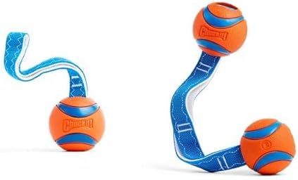 Chuckit! Ultra Tug Dog Toy Bundle - Large 3-inch Ball & Medium 2.5-inch Duo Ball Set with Nylon Cord Handles - Orange and Blue Fetch & Tug-of-War Toys