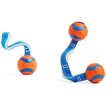 Chuckit! Ultra Tug Dog Toy Bundle - Large 3-inch Ball & Medium 2.5-inch Duo Ball Set with Nylon Cord Handles - Orange and Blue Fetch & Tug-of-War Toys
