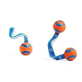 Chuckit! Ultra Tug Dog Toy Bundle - Large 3-inch Ball & Medium 2.5-inch Duo Ball Set with Nylon Cord Handles - Orange and Blue Fetch & Tug-of-War Toys