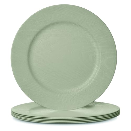 Mifoci 6 Pcs Green 13 Boho Faux Wood Plastic Charger Plates Faux Wood Chargers for Dinner Plates Round Rustic Wedding Party Service