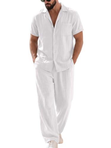 Oanviso Hombre Chándal 2 Piezas de Algodón y Lino Camisa Manga Corta Camiseta + Pantalones de Playa Deportivos Completo Traje Conjuntos Primavera Verano A Blanco XXL