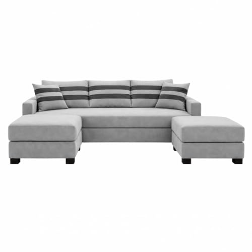 Image of Kassian Rich Velvet Suede 3 Seater Sofa Set with 2 Ottomans | Spacious Soft Touch Comfort Seating | Modern Sofa for Living Room - Light Gray