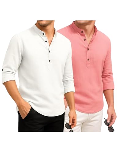 Image of DEEMOON Combo of Men's Cotton Blend Solid Regular Fit Full Sleeve Short Kurta | Men's Trendy Short Kurta Pack of 2 (Available in Plus Size & Combo Packs)
