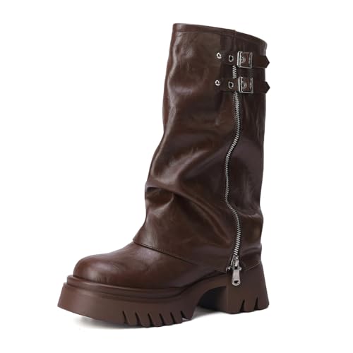 MAVMAX Mid Calf Boots for Women Fold Over Zipper Buckle Riding Boot Black Wide Calf Platform Round Toe Chunky Low Heel Tall Boot Cowboy Biker Motorcycle Boots