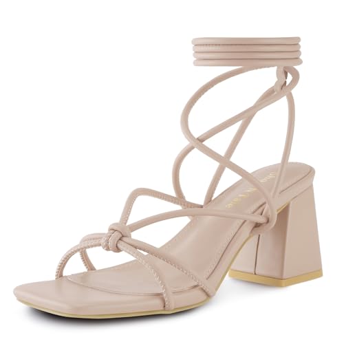 Image of Shoe'N Tale Lace Up Heels for Women Ankle Strappy Gladiator High Heeled Sandals Chunky Block Heel Square Open Toe Criss Cross Dress Shoes