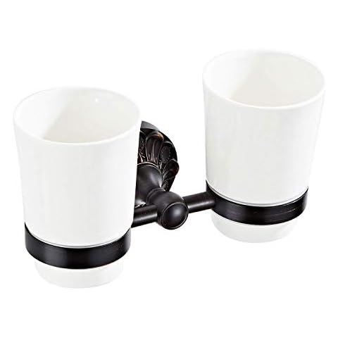 7Trees Wall Mounted Toothbrush Holder with 2 Ceramic Cups, Toothpaste Tumbler Holder Stand, Bathroom Countertop Organizer Stand Brass Bathroom Accessories (Oil Rubbed Bronze) Cover