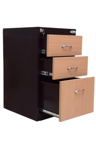 Image of Shubham Furnitures 3 Drawer Steel Pedestal Cabinet | Lockable Powder Coated Filing Cabinet for Files, Documents & Stationery | Office Storage Unit (Brown, Pedestal with Levellers)