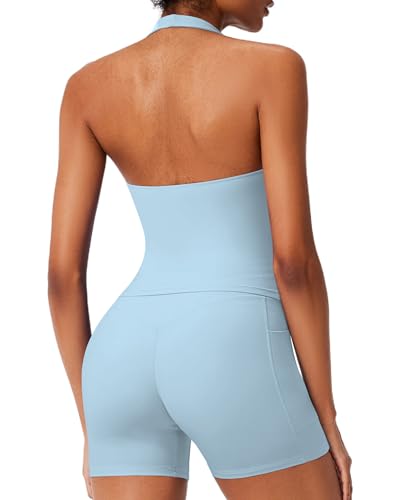 RXRXCOCO Halter Workout Sets for Women 2 Piece V Neck Tank Tops Hidden Scrunch Booty Shorts Gym Outfits with Pockets Light Blue Medium
