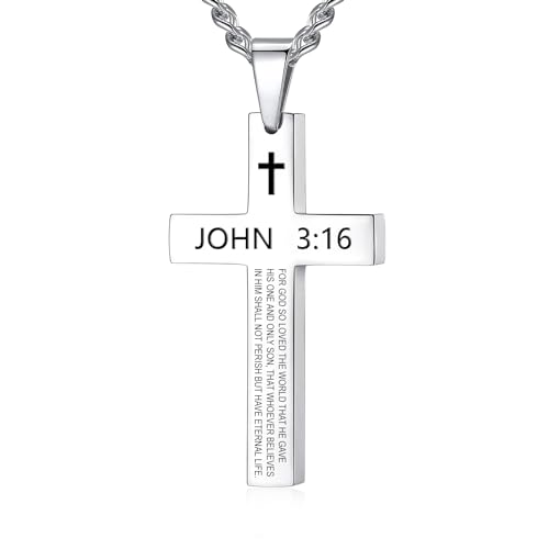 REVEMCN Inspirational Bible Verse Cross Necklace for Men Boys, Stainless Steel Plain Black Silver Cross Pendant Necklace for Men 20-24 Inches Curb Chain Faith Jewelry Gift (John 3:16 - Silver, 24)