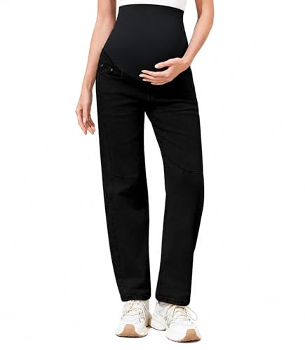 Image of PACBREEZE Women's Maternity Jeans Over Belly Barrel Loose Denim Jeans Pregnancy Pants (Black, XX-Large)