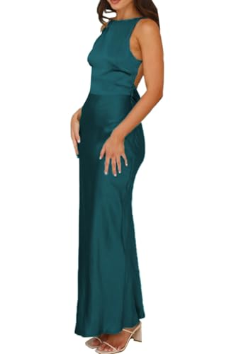 Image of Summer Satin Maxi Dresses for Women 2026 Elegant Classy Silk Formal Sleeveless Open Back Spaghetti Strap Wedding Guest Dress