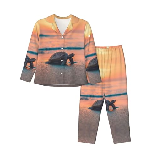 Ensemble pyjama tendance femme manches longues motif tortue de mer nuit