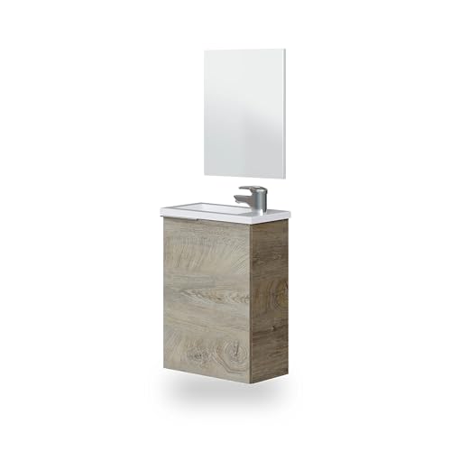 duehome | Mobile da bagno con specchio e lavabo, modulo sospeso, modello snese, finitura in rovere alaska, dimensioni: 40 cm (larghezza) x 58 cm (altezza) x 22 cm (profondità)