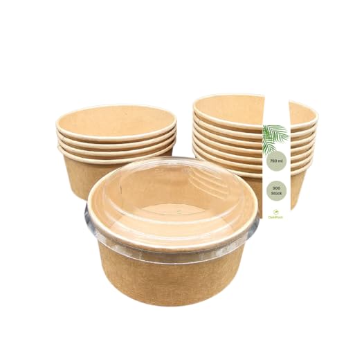 DeinPack 300 Salatschale to go mit Deckel braun rund 750 ml I Salatschale Kraftkarton Verpackung mit PLA Innenbeschichtung I Deckel aus recyceltem PET