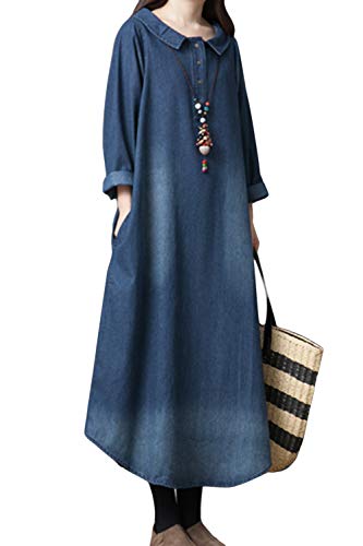 Yulinge Robe De Partie De Femmes À Manches Longues Denim Baggy Coton D'été Casual Maxi Robes Bleu XL Cover