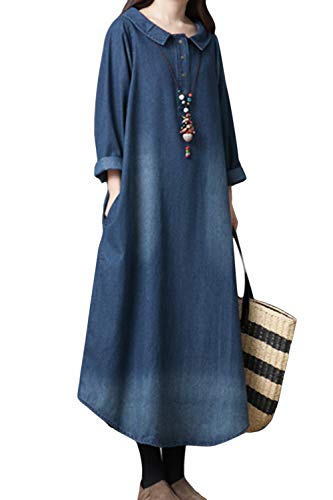 Yulinge Robe De Partie De Femmes À Manches Longues Denim Baggy Coton D'été Casual Maxi Robes Bleu XL