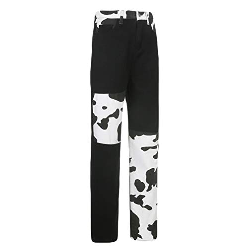 KESYOO Jeans Feminino Cow Jeans Patchwork Jeans Jeans de Cintura Alta Jeans Slim Calça Reta Patch Ca