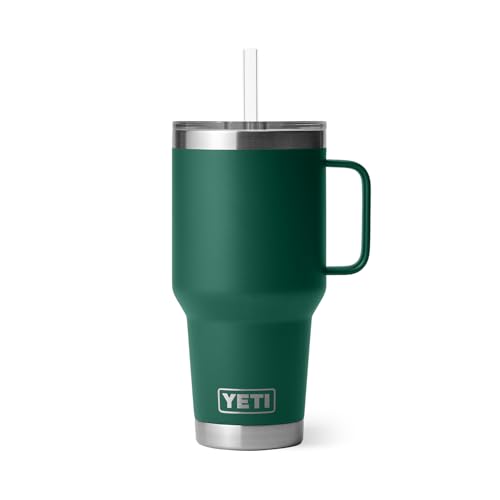 Image of YETI Rambler 35 oz Tumbler with Handle and Straw Lid, Travel Mug Water Tumbler, Vacuum Insulated Cup with Handle, Stainless Steel, Black Forest Green