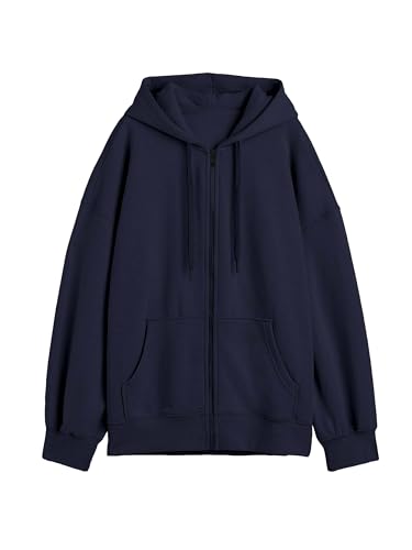 Image of DROBE Relaxed Fit Plain Cotton Blend Full Sleeves Hodded Zipper Jacket for Women