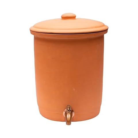 Village Decor Terracotta Water pot With Lid&304 Stainless Steel copper color tap|Preseasoned Terracotta Mud(Capacity 8000 ml / 270 oz) Cover