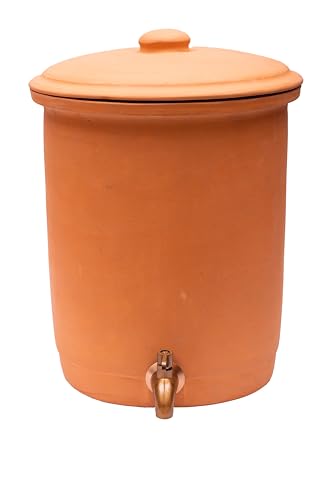 Village Decor Terrakotta-Wassertopf mit Deckel, Glas und Wasserhahn aus 304 Edelstahl, vorgebrannter Terrakotta-Schlamm (Fassungsvermögen 6000 ml)