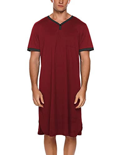 Ekouaer Mens Cotton Nightshirts Lightweight Henley Nightshirt,A-wine Red,Large