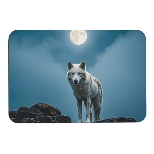 The White Wolf on The Rock Door Mat Super Water Absorbent Non Slip Bothroom Rugs for Bathtub Sink Puppy Dog Rugs Easy to Clean Quick Dry Diatom Mud Mat for Entryway Indoor Outdoor