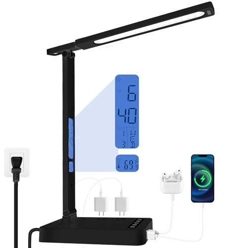 karidi Smart Desk Lamp with Digital Clock, 4-in-1 Charging Station (2 AC Outlets, Type-C, USB-A Ports), Temperature Display, 5 Color & Brightness Settings, Ideal for Offices & Bedrooms