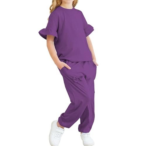Image of Kids Girls Outfits Ruffle Sleeve T-Shirt Pants Set 2Piece 4-13 Years