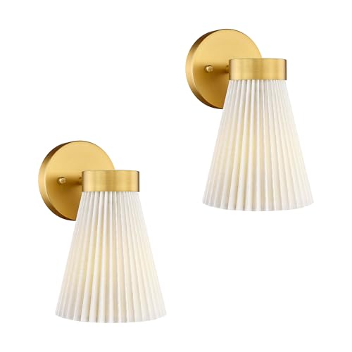 Image of Set of 2 Wall Sconces, HWH Gold Bathroom Light Fixtures with Milk White Striped Fabric Shade, Up and Down Vanity Lights Fixture, Brushed Gold Finish, 5HZG97B-2PK BG-FB