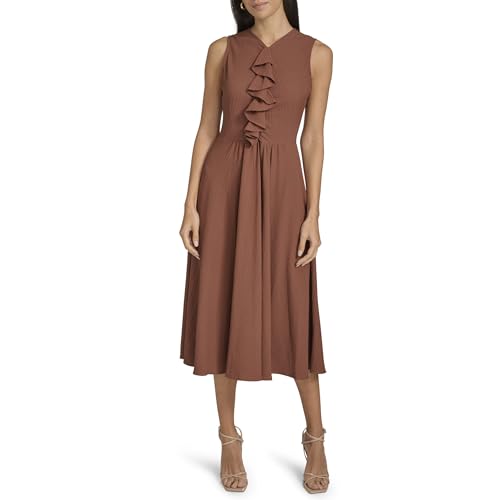 Image of Calvin Klein Women's Guaze Sleeevess Ruffle Neck Midi Dress, Chocolate, 14