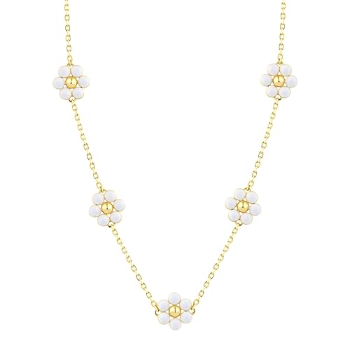 5 Daisy Flower Necklace for Women, Double-Sided Enamel Charm 14K Gold Plated S925 Sterling Silver Chain, Dainty Floral Jewelry Gift for Her, Everyday Layering Necklace