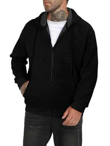 TUREFACE Mens Casual Full Zip Hoodie with Pockets Zipper Waffle Knit Simple Long Sleeve Black Hooded Sweatshirt Jackets US50(2XL)