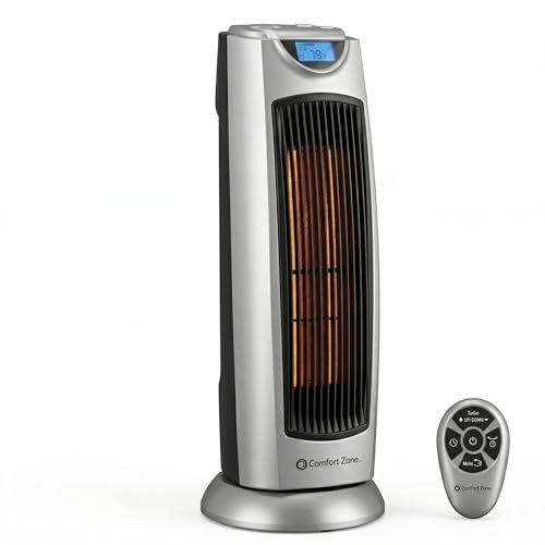 Comfort Zone 1,500W Ceramic Tower Space Heater with Remote, Backlit Digital Thermostat & Temperature Display, 3 Heat Settings + Fan Mode, 90° Oscillation, Timer, Overheat & Tip-Over Protection